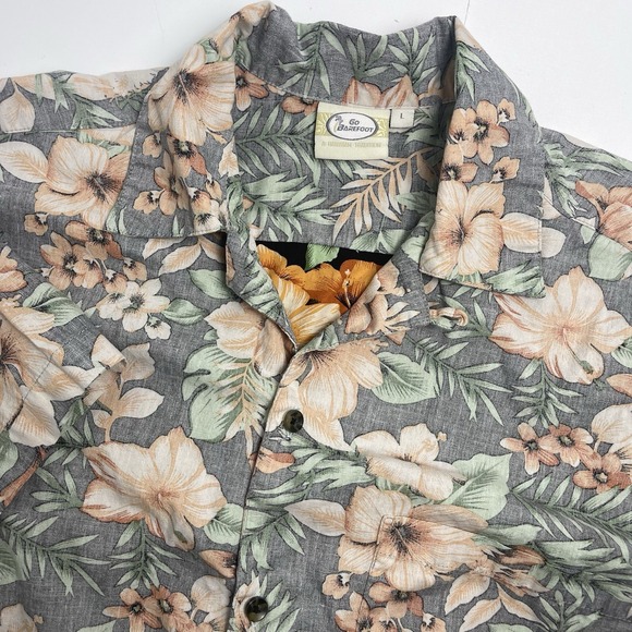 Go Barefoot Other - Go Barefoot Men's Large Gray Orange Green Hawaiian Tropical Aloha Floral Button